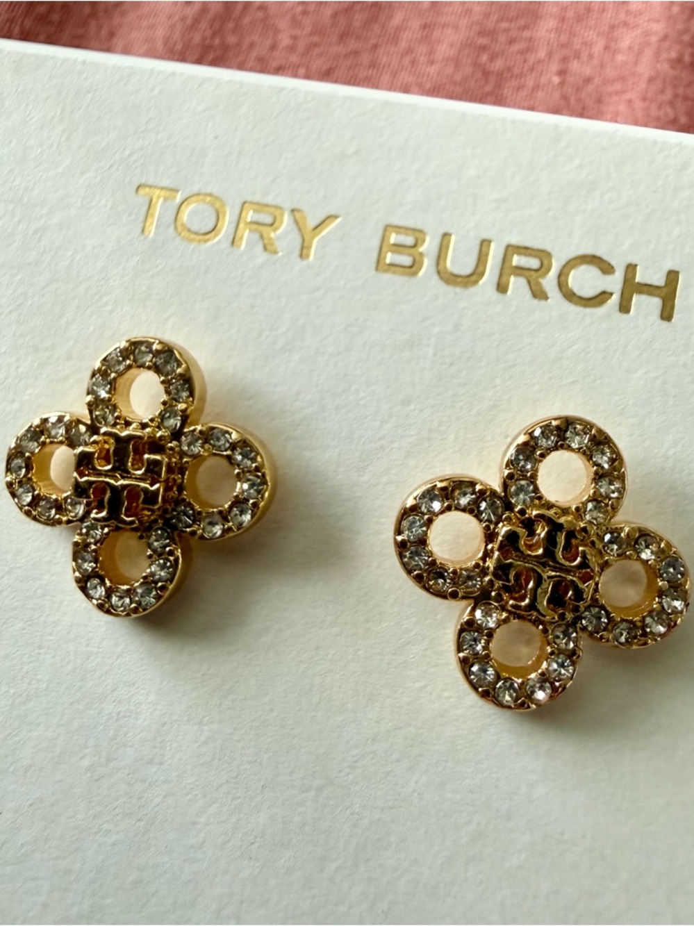 Tory Burch | Gold Plated Logo & Pave Crystal Clover Stud Earrings